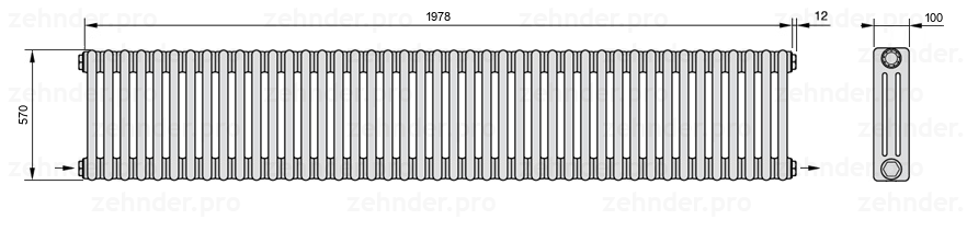 Схема (чертеж) Радиатор Zehnder Charleston 3057/43 №2670 Technoline TL